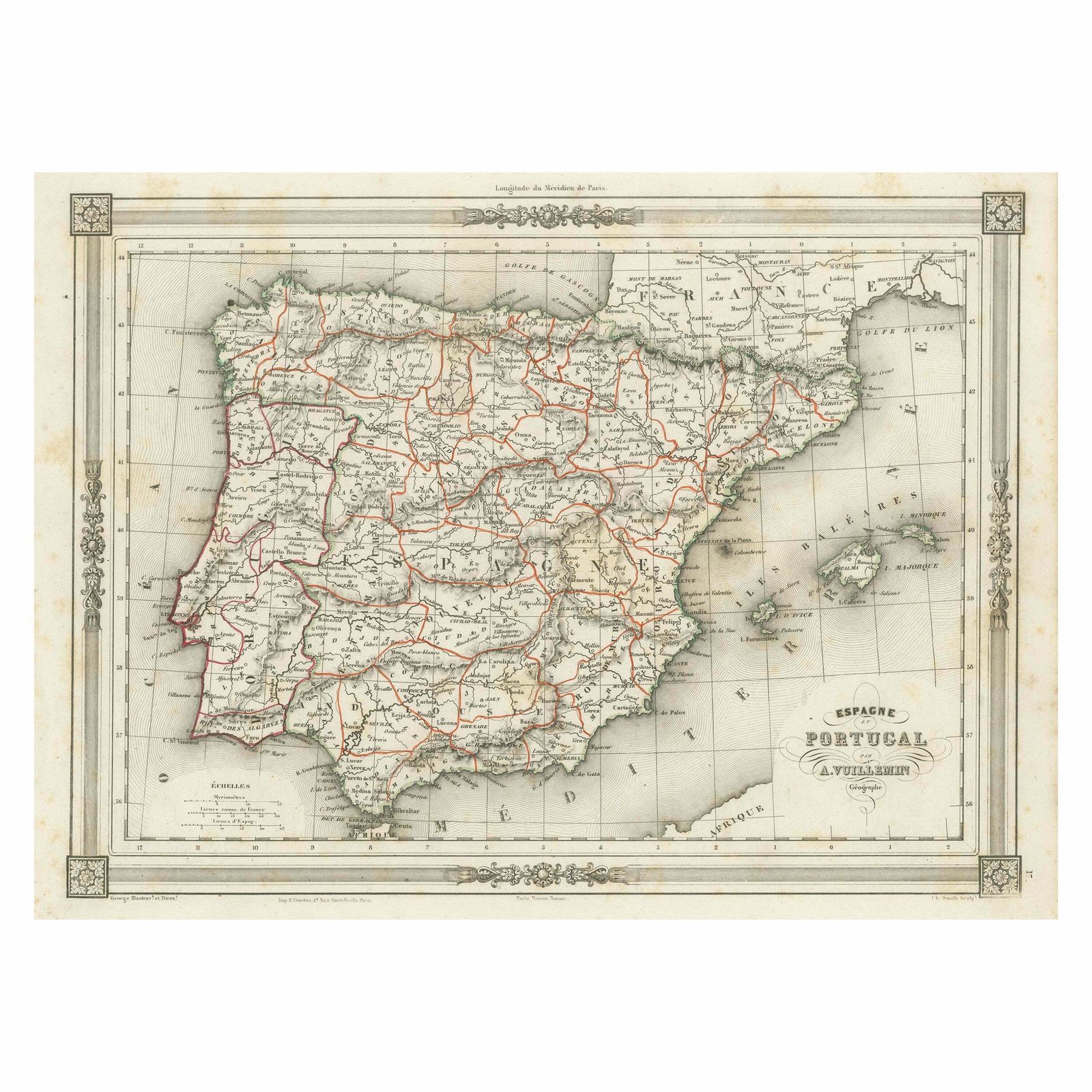 Antique Map Of Spain And Portugal, With Frame Style Border