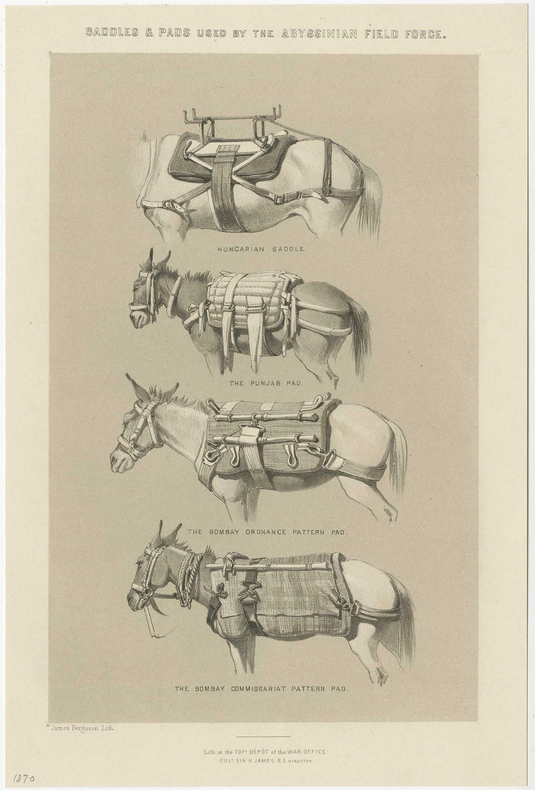 Set Of Two Antique Prints Of Saddles And Pads Used By The Field Force, 1870 photo for sale