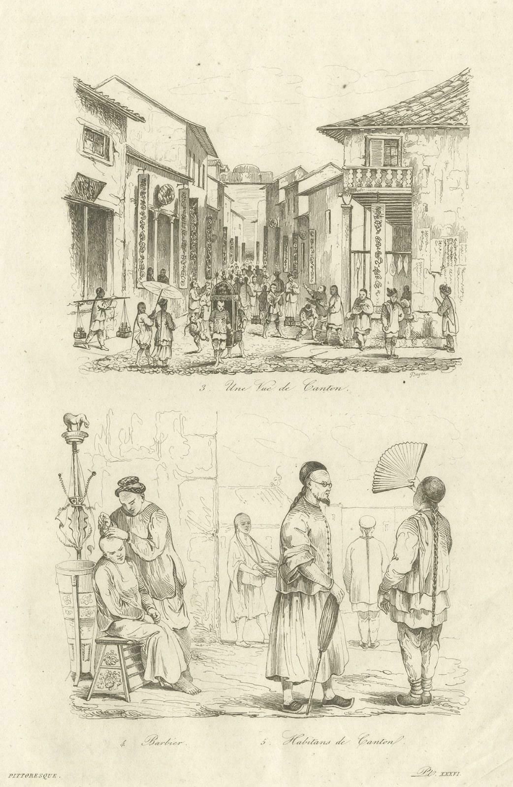 Old Street View In Guangzhou 'Canton' And Inhabitants Of Guangzhou, China, 1834 photo for sale