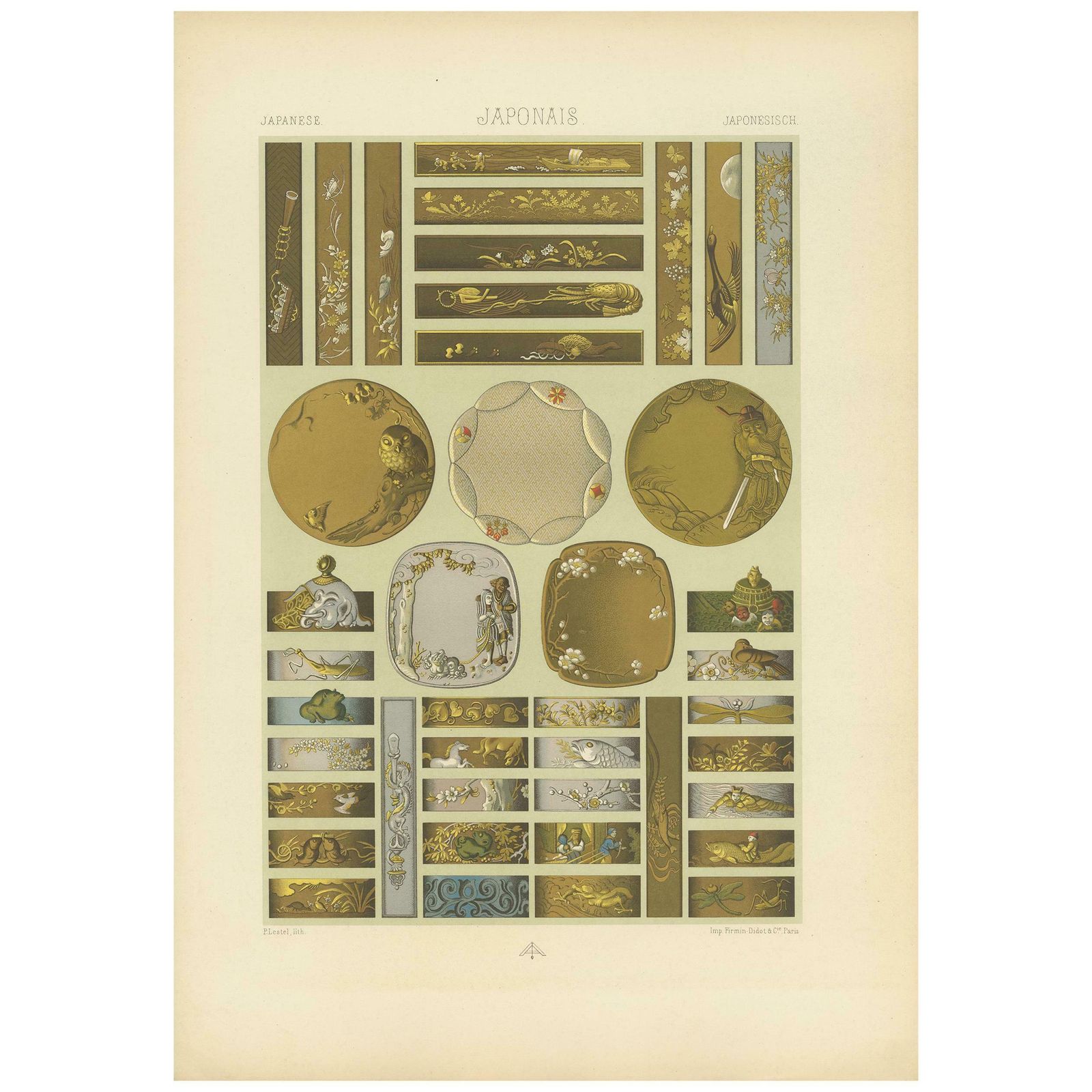 Pl. 10 Antique Print Of Japanese Sword & Knife And Handles, Racinet, Circa 1890
