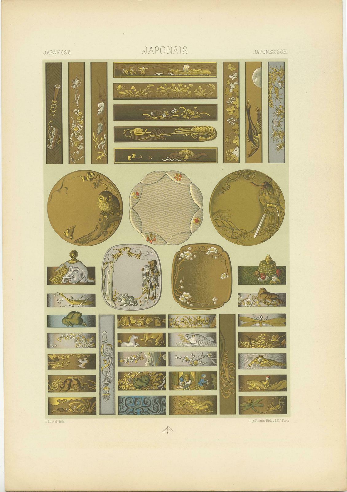 Pl. 10 Antique Print Of Japanese Sword & Knife And Handles, Racinet, Circa 1890 photo for sale