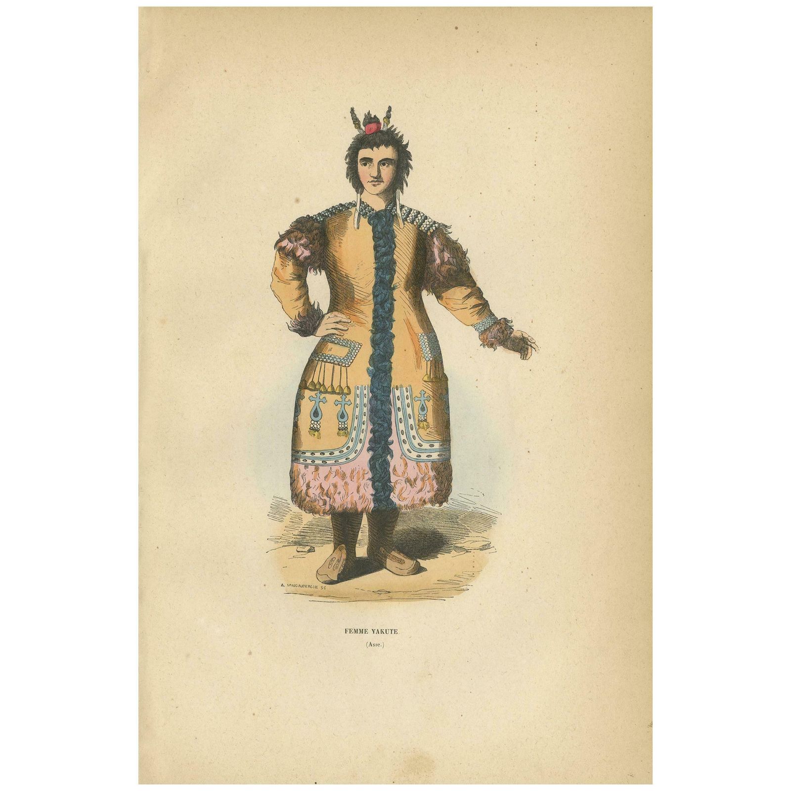 Original Hand Colored Antique Print Of A Yakut Woman, 1843