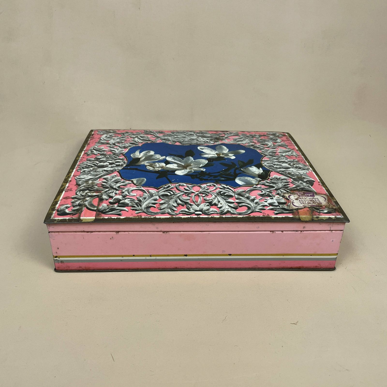 Antique Vintage Metal Tin Edward Sharp & Sons Maidstone Kent Pink Rectangle Blue Lid Rectangle Floral Pattern Retro Display Storage photo 55.0