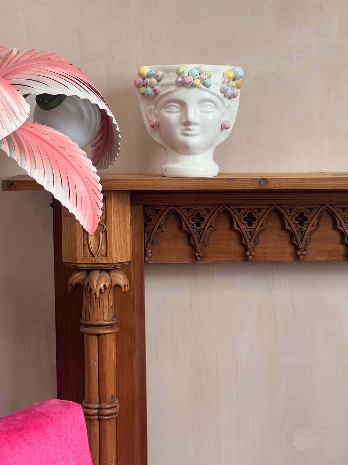Large Italian Wood Carved Palm Fireplace Surround C.1950