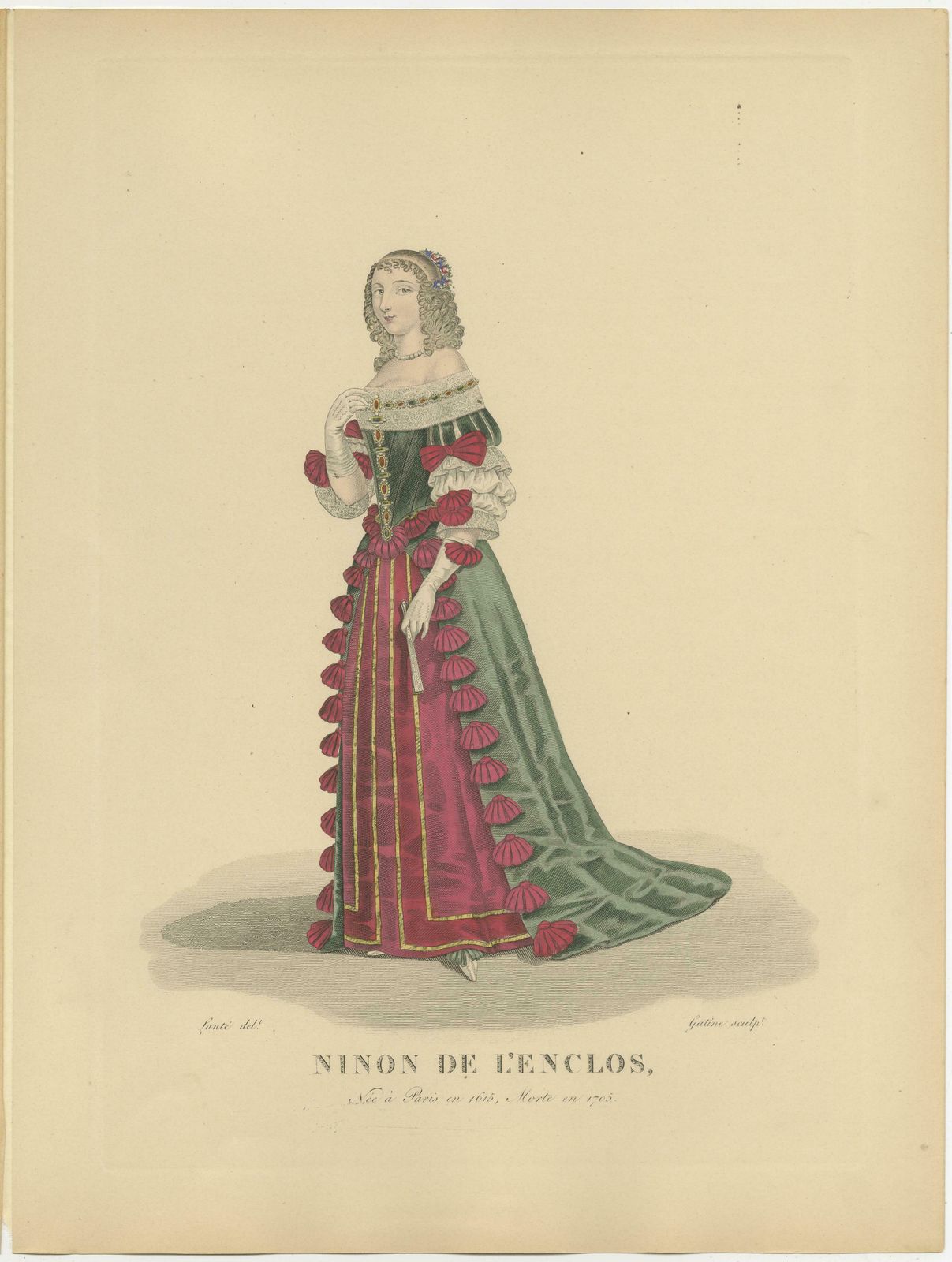 Hand Colored Engraving Of Ninon De L'enclos, A French Author, 1900 photo for sale