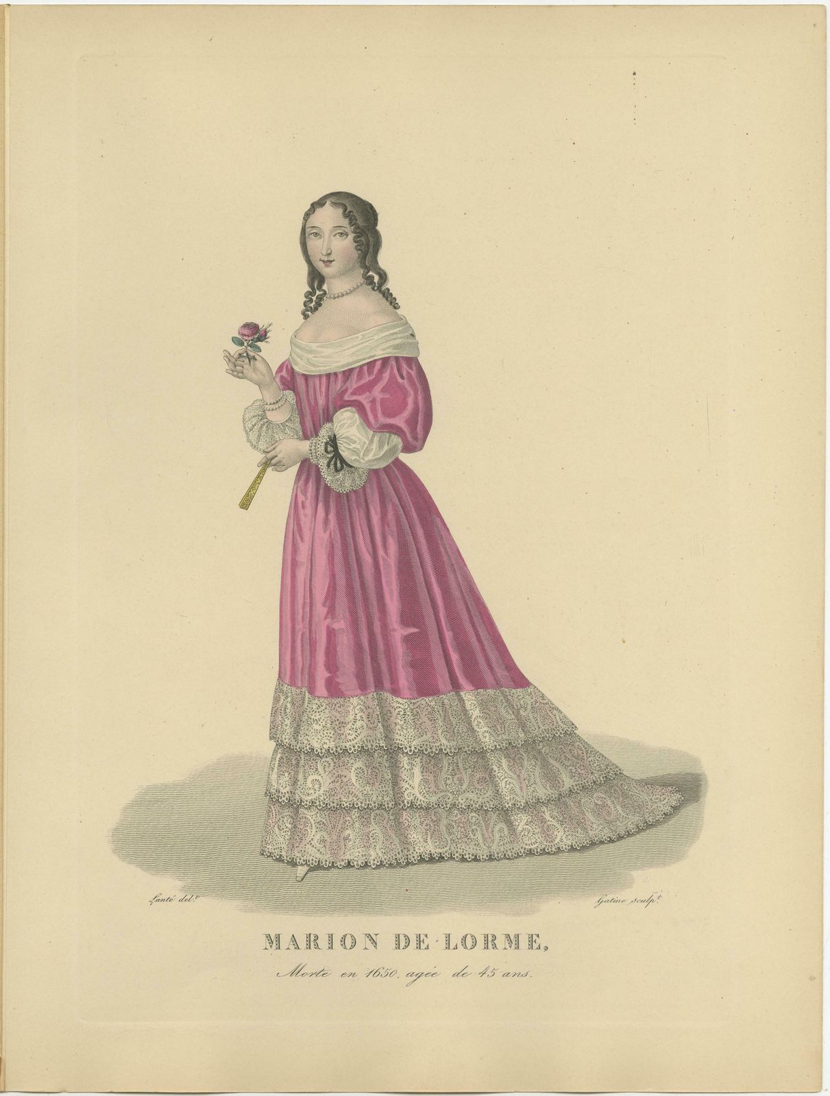 Hand Colored Engraving Of Marion Delorme, A French Courtesan, 1900 photo for sale