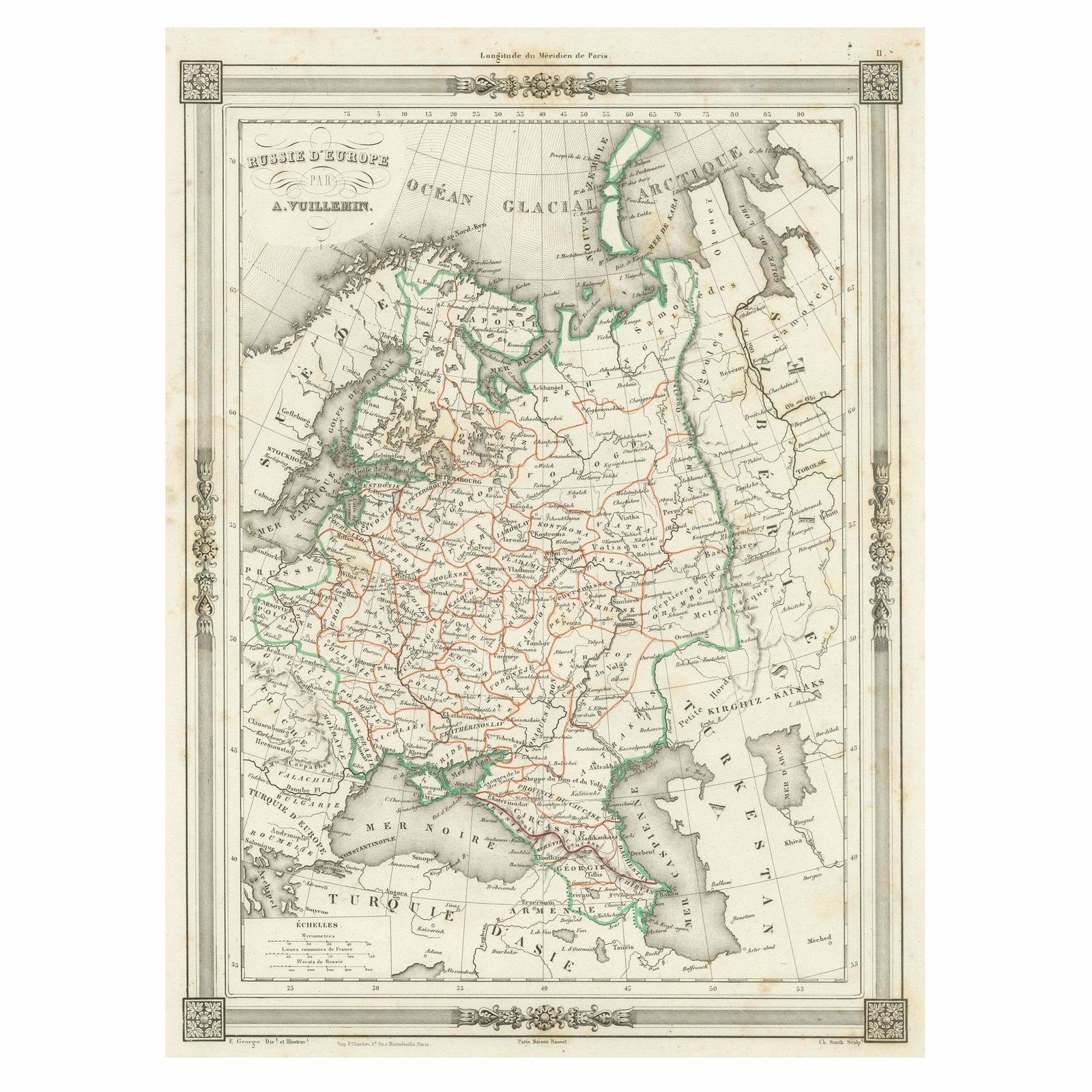 Antique Map Of Russia In Europe, With Frame Style Border