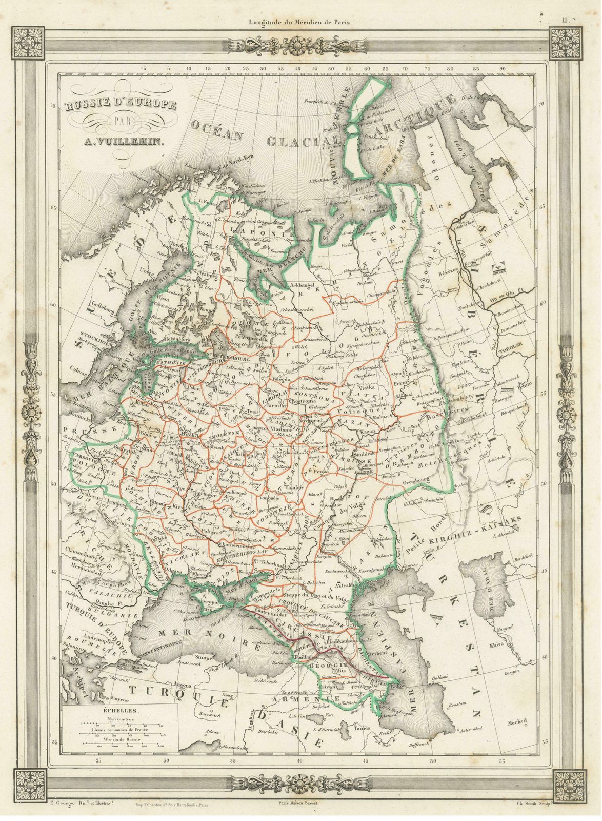 Antique Map Of Russia In Europe, With Frame Style Border photo for sale