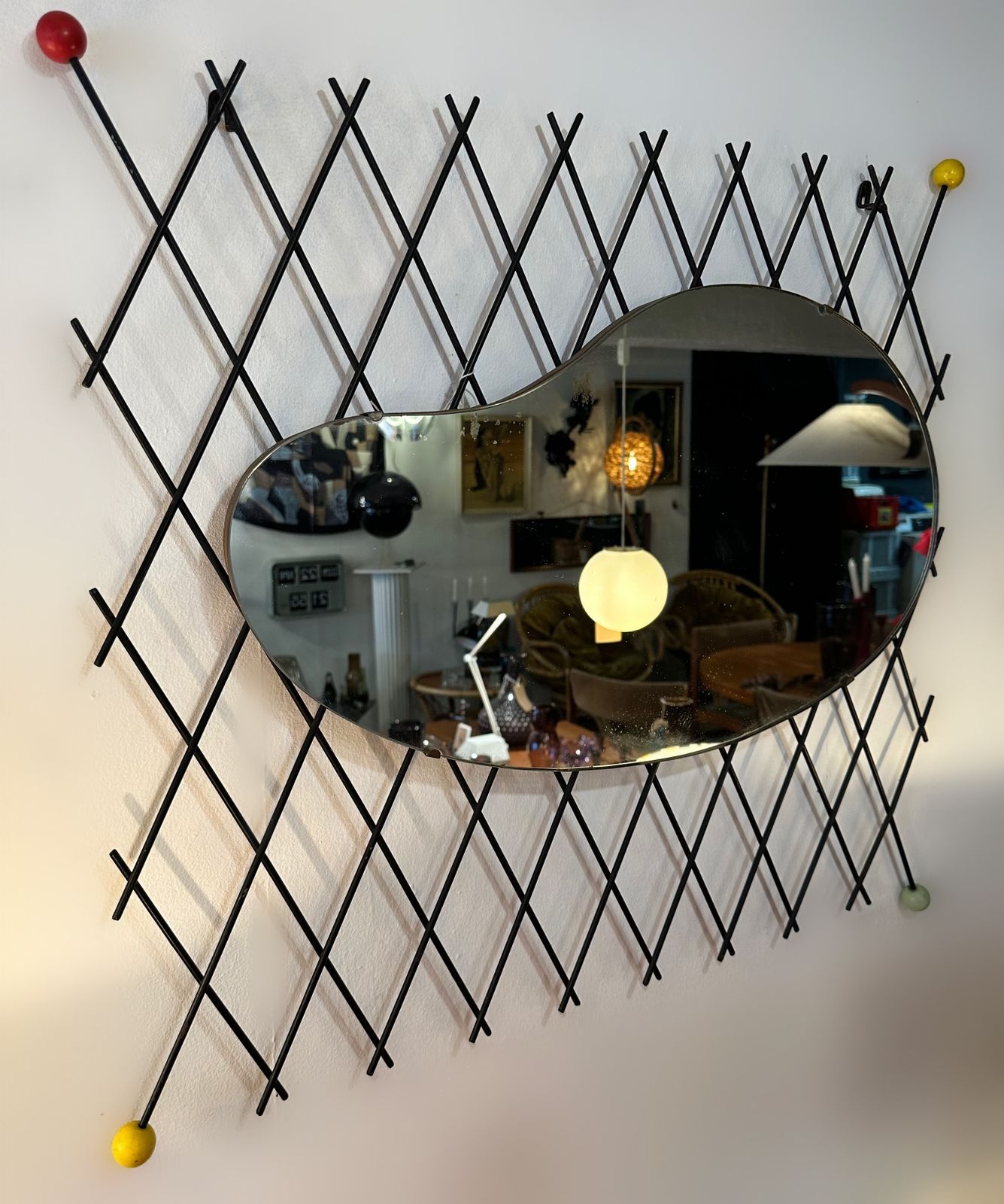 Very Rare Mid Century French Organic Shape Cross Hatch Iron Mirror, 1950 photo for sale