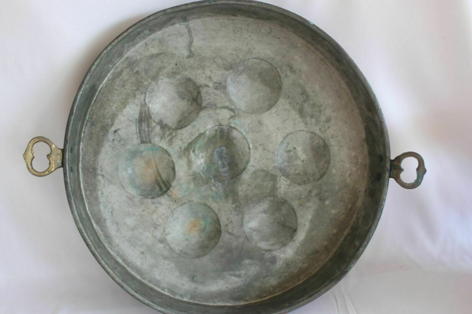 Large Hanging Round French Escargot Pan 42 Cm Vintage Copper With Brass Handles photo 94.0
