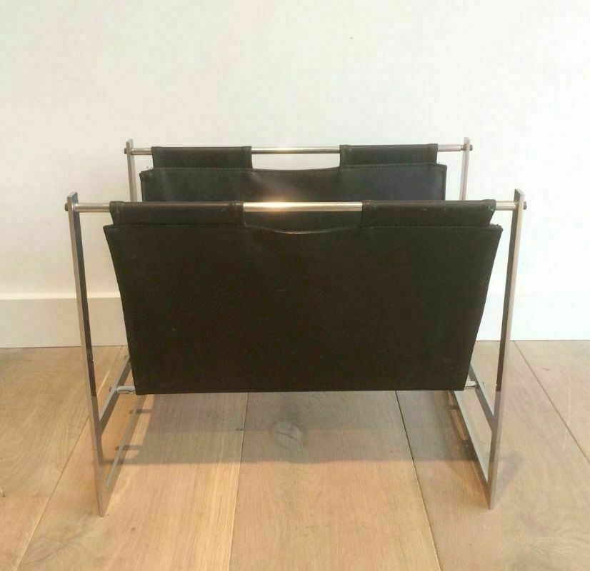 Magazine Rack In Brushed Steel And Leather. In The Style Of Poul Kjaerholm photo furniture