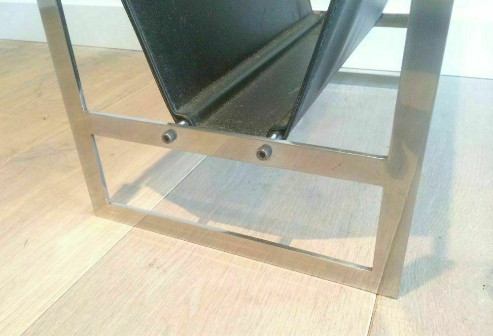 Magazine Rack In Brushed Steel And Leather. In The Style Of Poul Kjaerholm photo vinterior