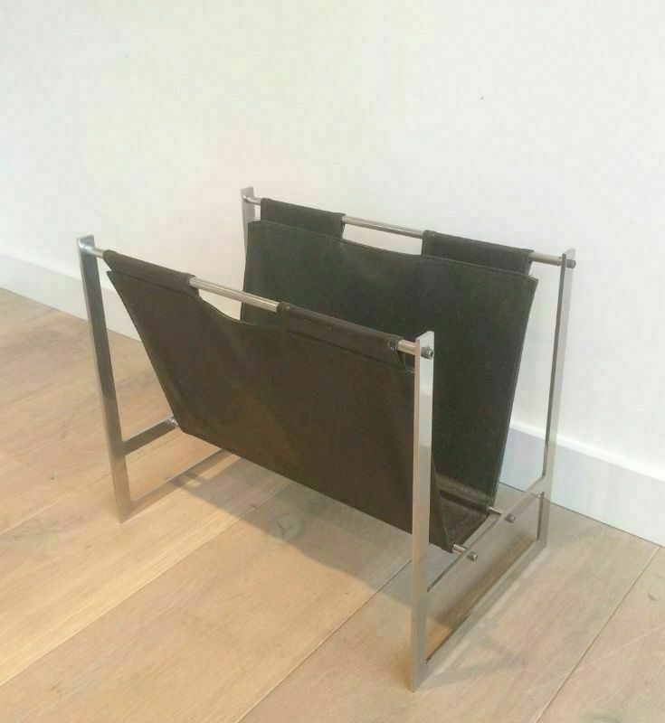 Magazine Rack In Brushed Steel And Leather. In The Style Of Poul Kjaerholm photo vintage