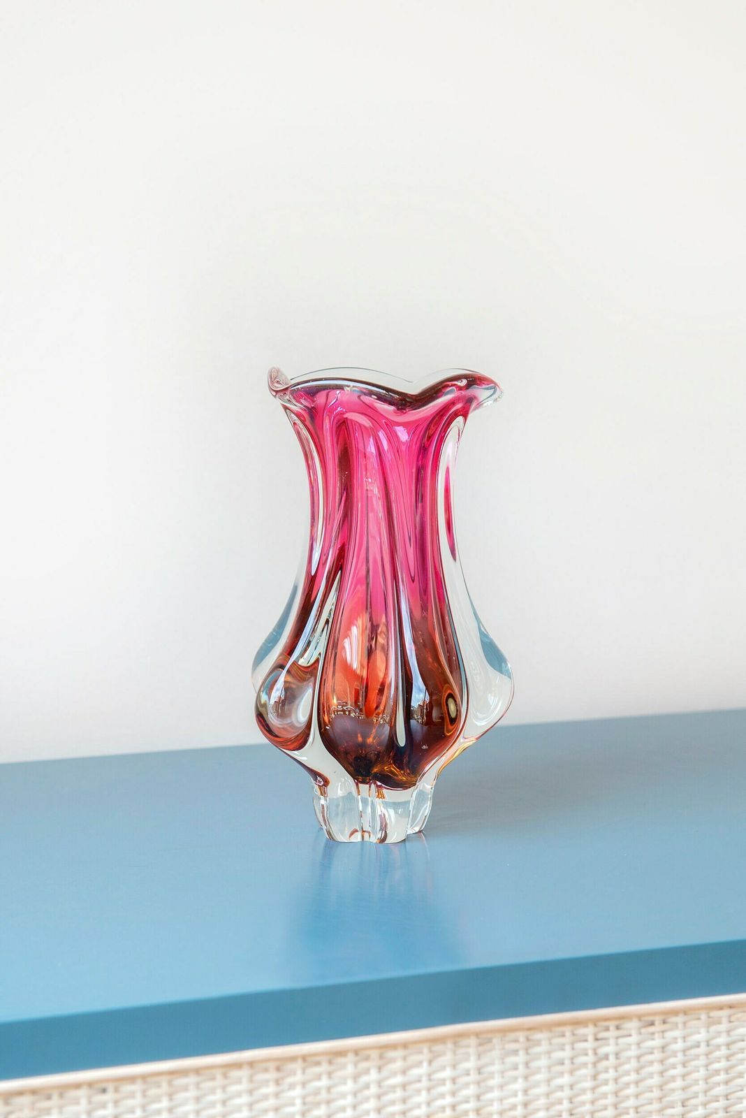 photo furniture Pink Art Glass Vase By Josef Hospodka, Handblown Czech Flower Vase, 1960s Designer Vase With Scalloped Edge, Mid Century Modern