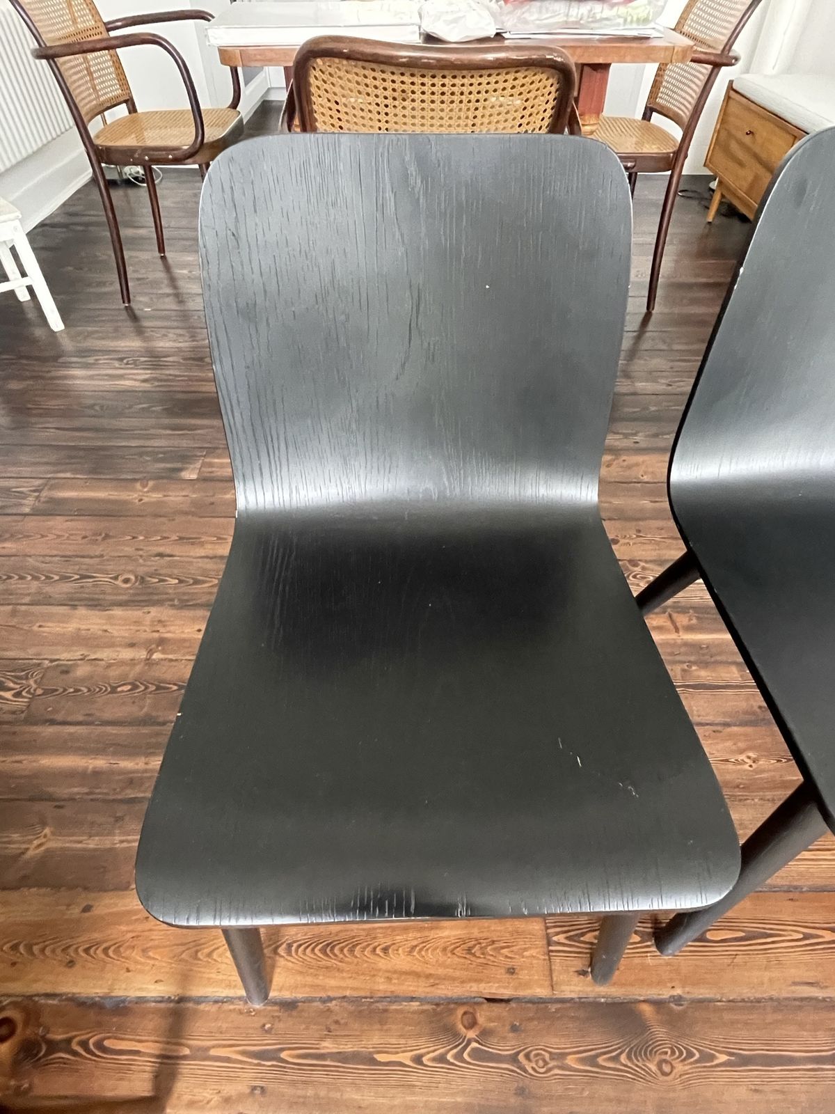 Dining Chairs With Bent Black Oak Seat And Round Solid Wood Legs. Set Of 4or 6 photo vinterior