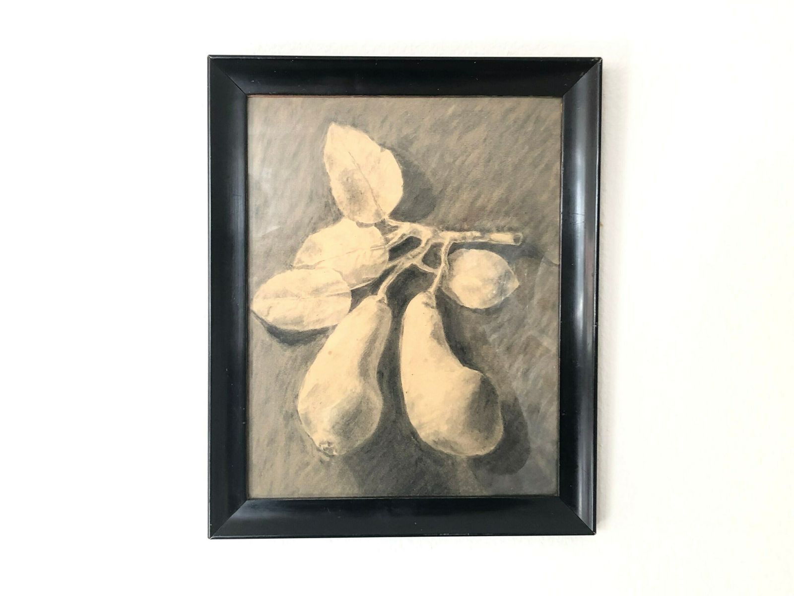 Original Danish Vintage Drawing In Black And White With Still Life Motive Of Fruit On Branch With Leaves