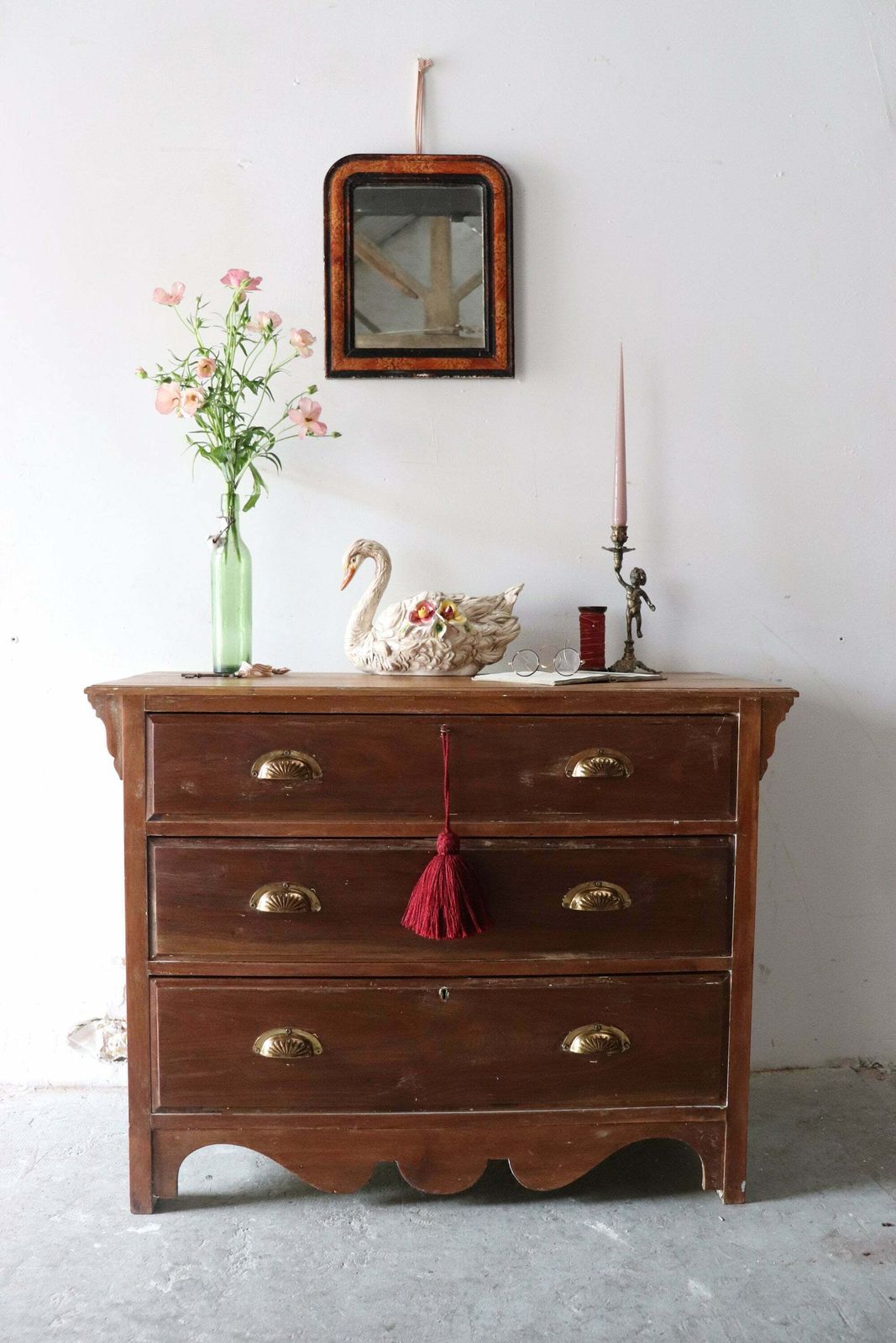 Stripped Pine Three Drawer Washstand Or Chest Of Drawers With Distressed Finish And Brass Cup Handles