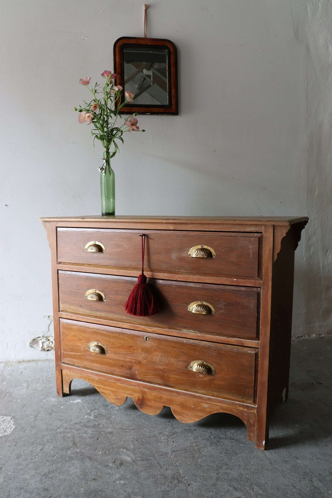photo for sale Stripped Pine Three Drawer Washstand Or Chest Of Drawers With Distressed Finish And Brass Cup Handles