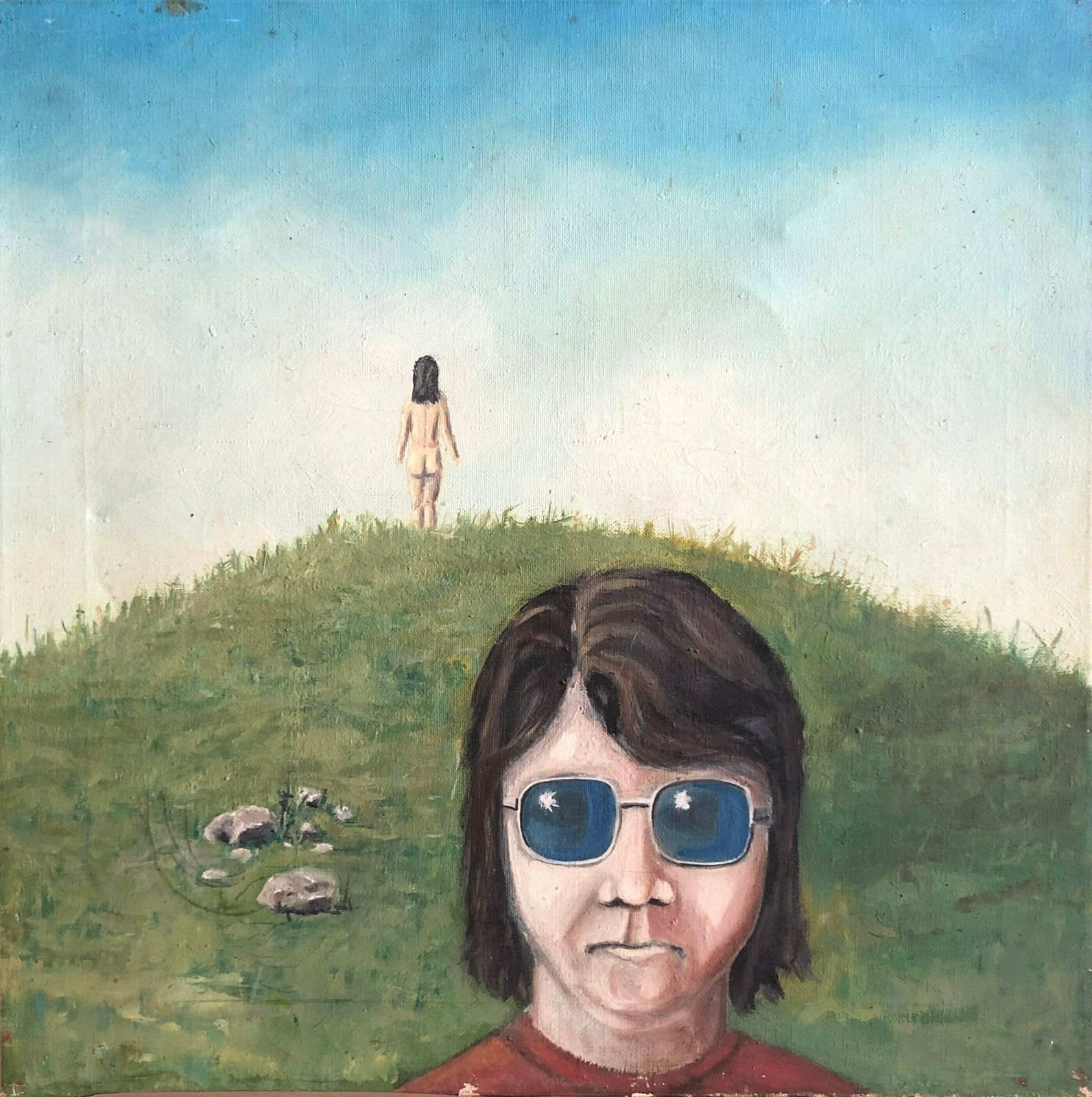 Danish Original Painting From 1975 By Finn Johansen With Motive Of Man With Sunglasses And Nude Woman In The Background photo furniture