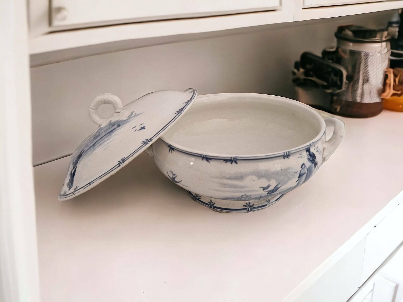 Antique French Blue Transferware Soup Tureen By Gien In Vol D'oiseaux Pattern, 19th Century Ceramic Serving Dish photo for sale