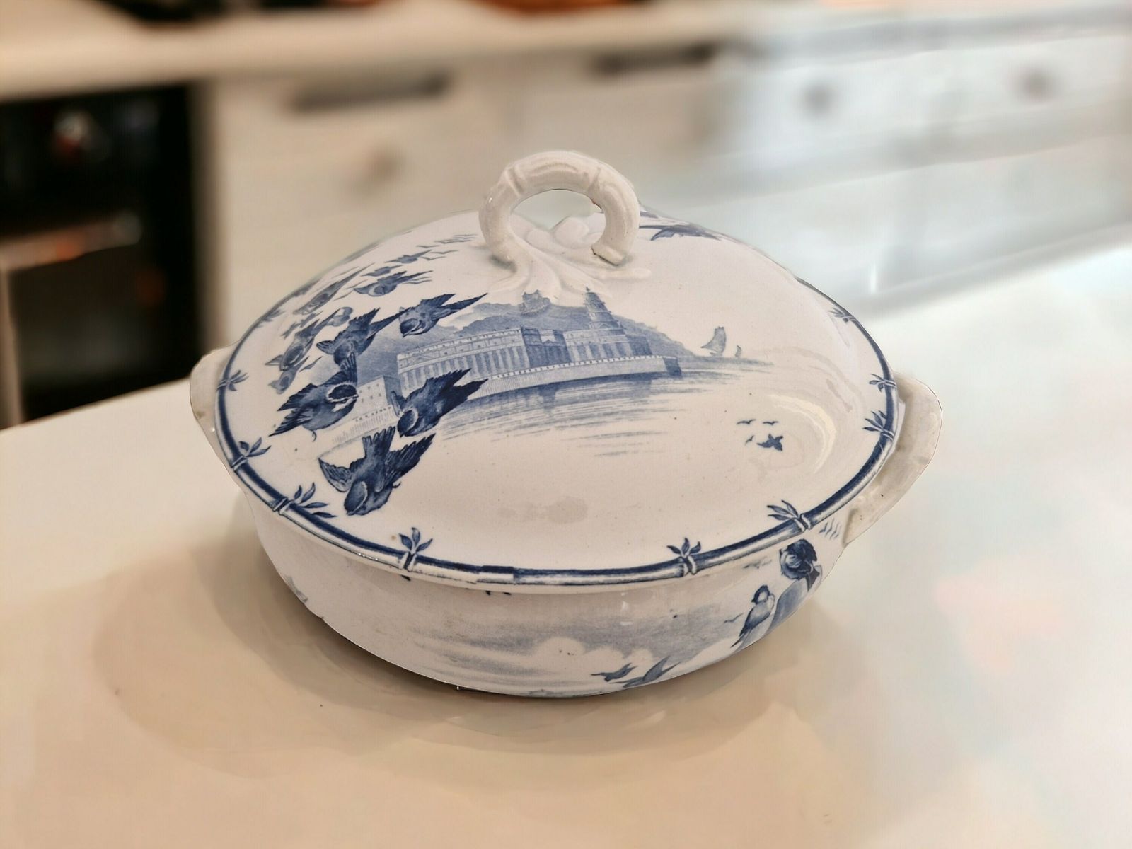 Antique French Blue Transferware Soup Tureen By Gien In Vol D'oiseaux Pattern, 19th Century Ceramic Serving Dish photo 178.0