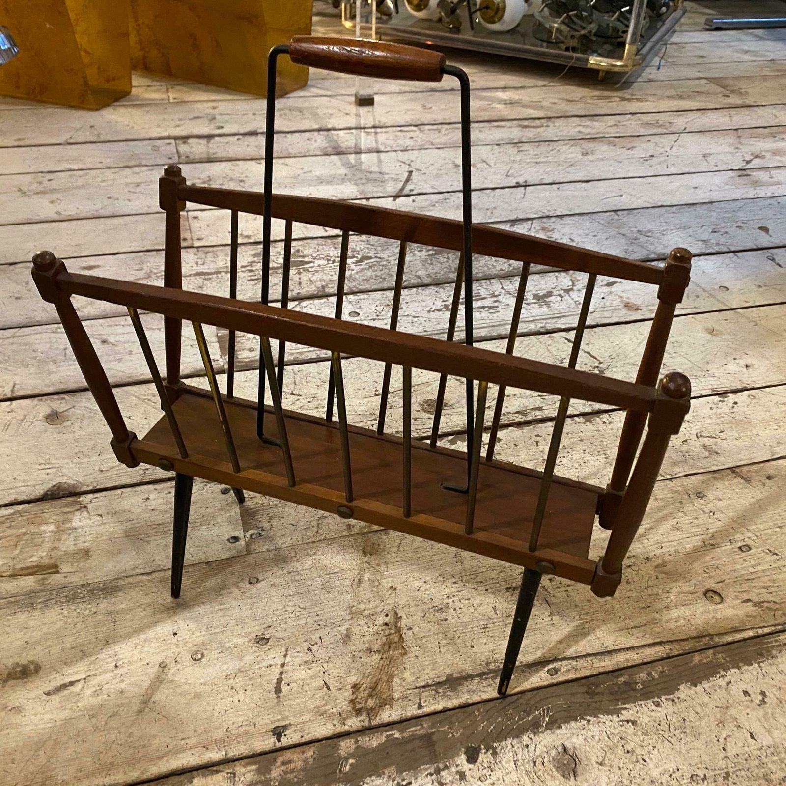 photo furniture 1960s Mid Century Modern Teak And Black Painted Iron Italian Magazine Stand