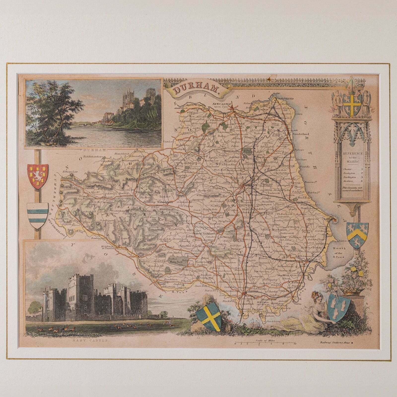 Antique Lithography Map, County Durham, English, Framed Cartography, Victorian photo Art