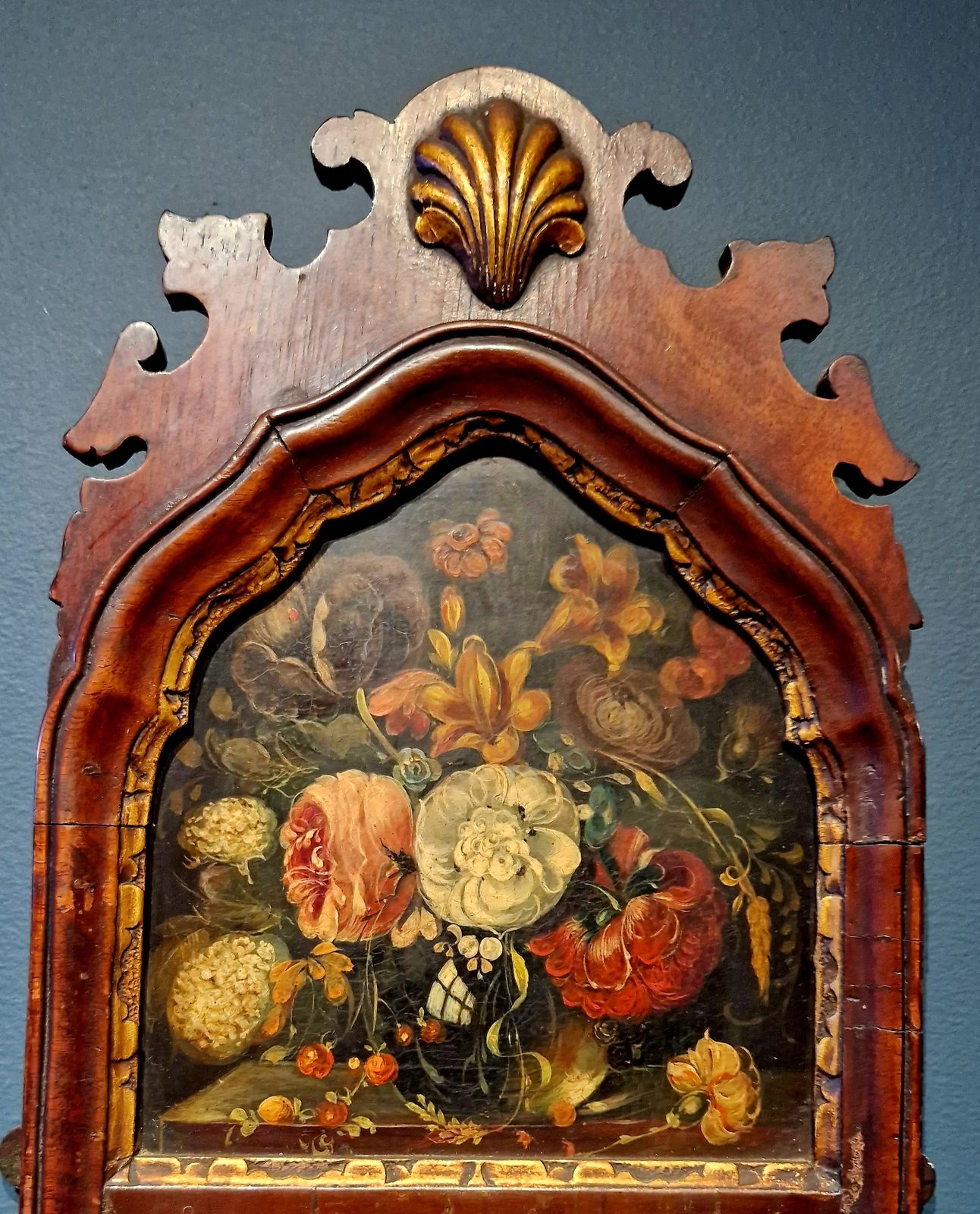 An Edwardian Mahogany And Painted Fretwork Mirror With A Painted Floral Panel photo for sale