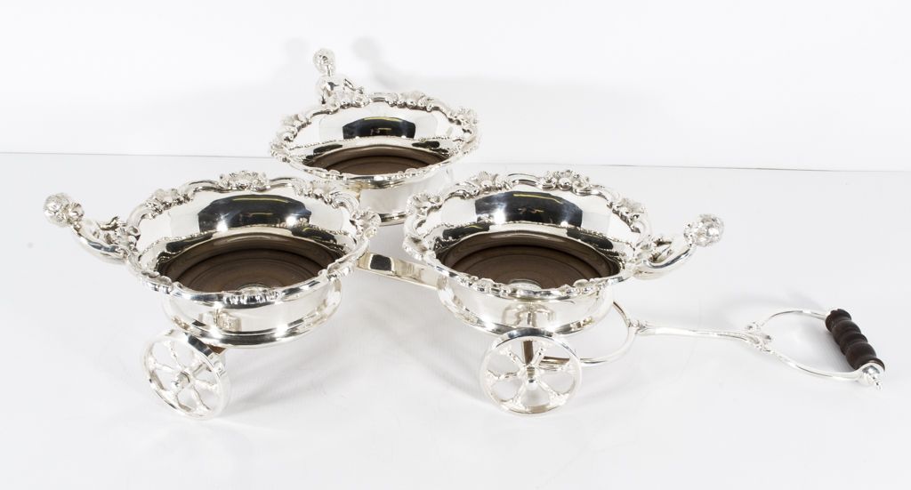 Vintage English Silver Plated Triple Drinks Cart Coaster  20th C photo for sale