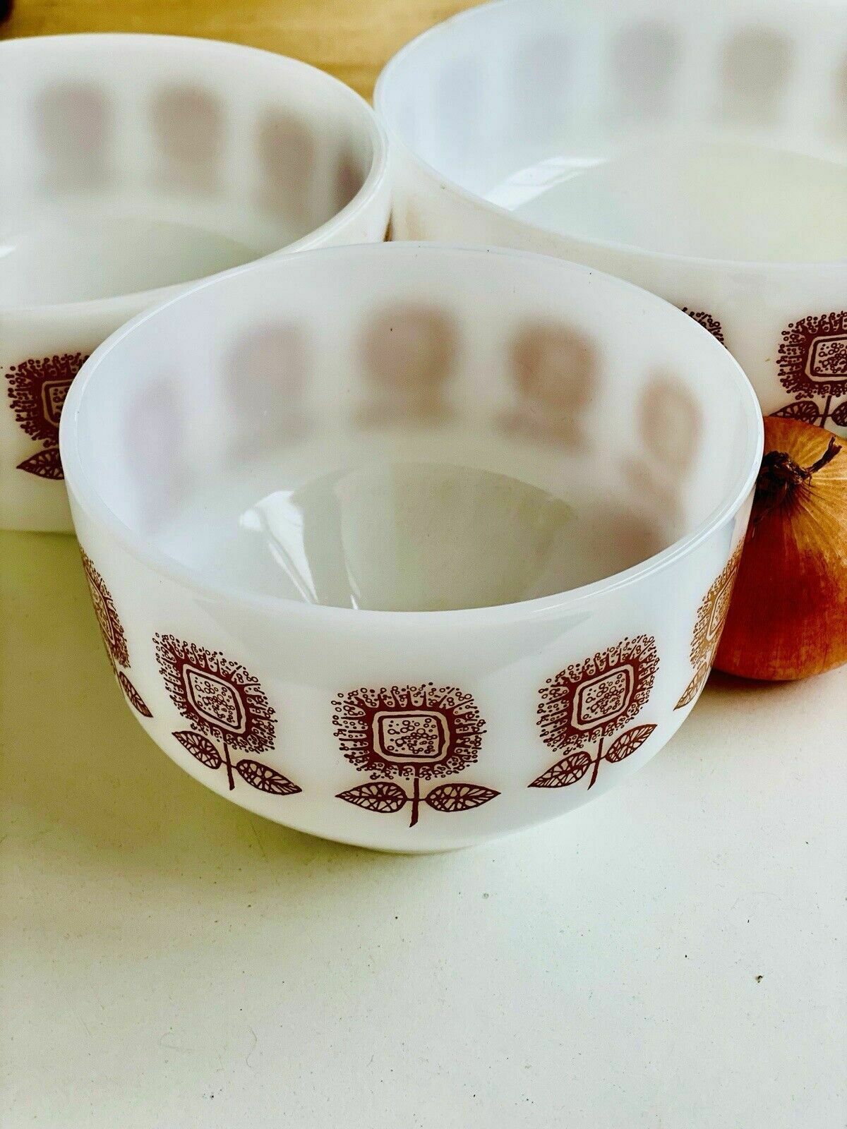 photo furniture 3 Vintage Federal Connoisseur Sunflower Mixing Bowls From The 1960s.