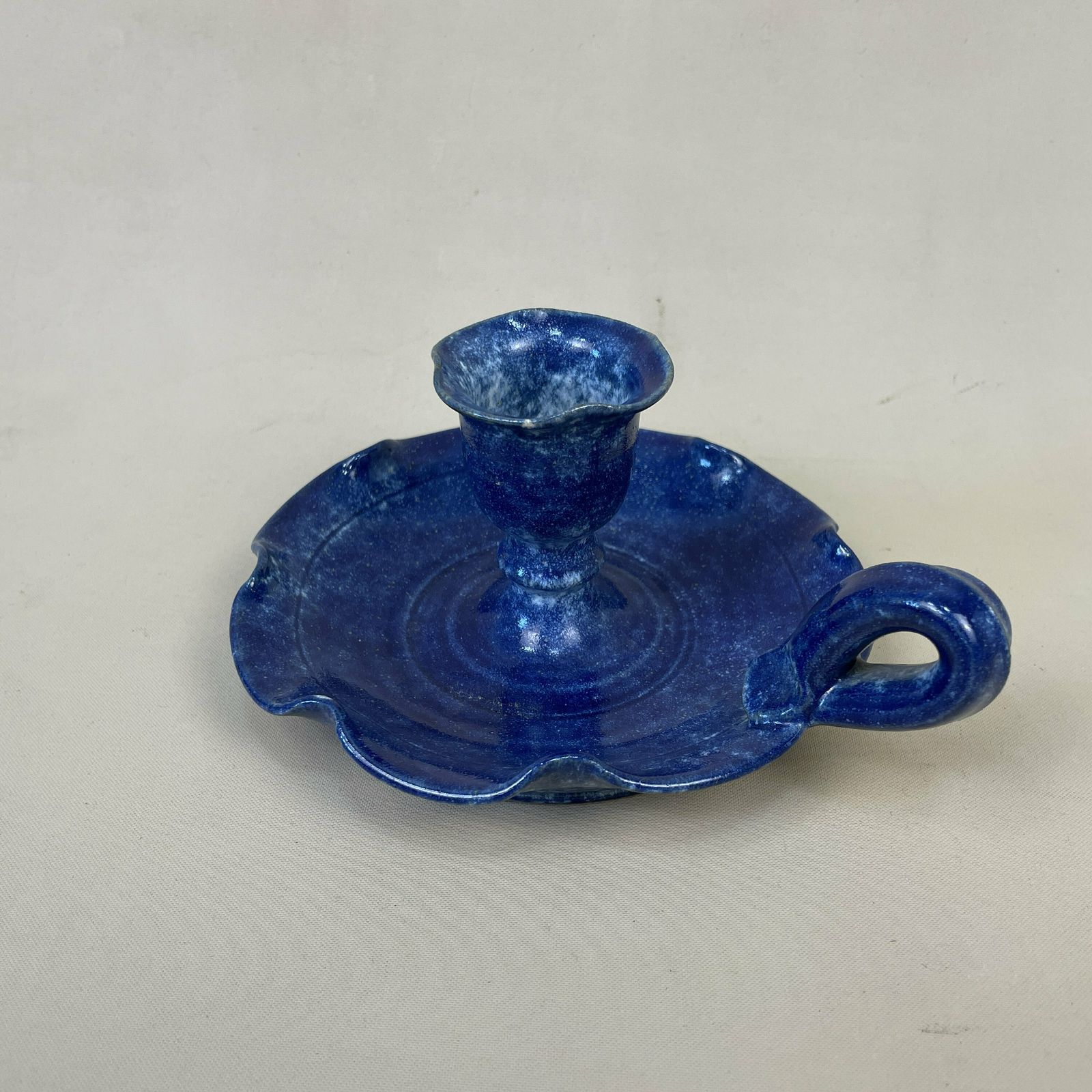 Antique Ceramic Candlestick Chamber Candle Stick Painted Base Vintage Round Handle Taper Dinner Blue Handmade Studio Pottery photo furniture