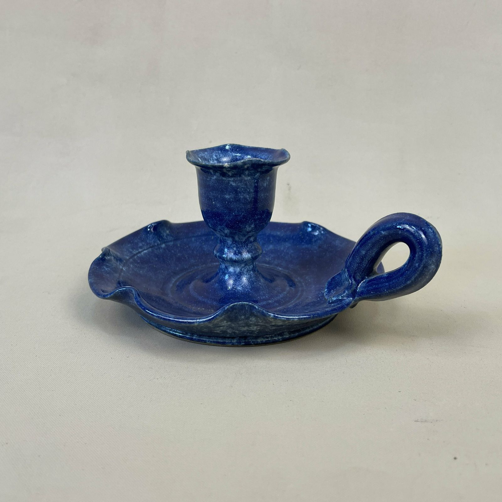 Antique Ceramic Candlestick Chamber Candle Stick Painted Base Vintage Round Handle Taper Dinner Blue Handmade Studio Pottery photo Home Decor