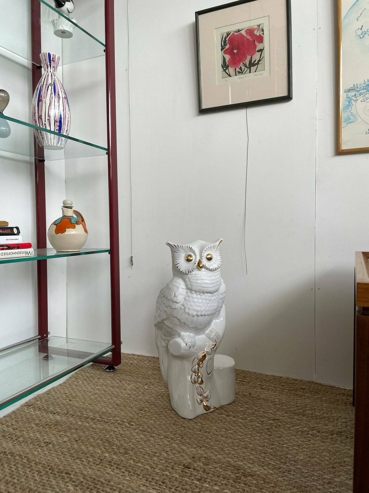 Kitsch Large Ceramic Owl Umbrella Stand   White With Gold Accents, Hollywood Regency Style