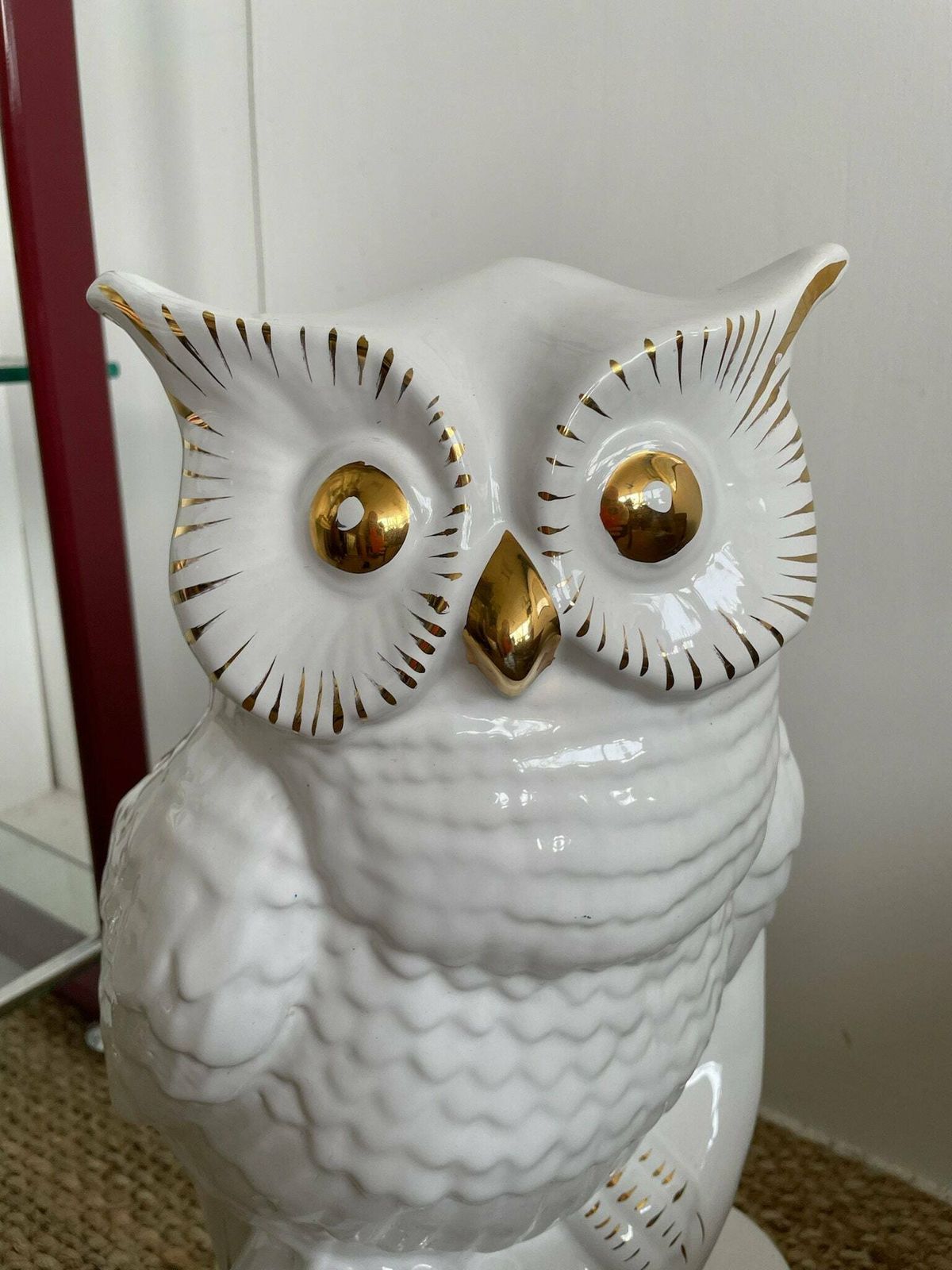 Kitsch Large Ceramic Owl Umbrella Stand   White With Gold Accents, Hollywood Regency Style photo for sale