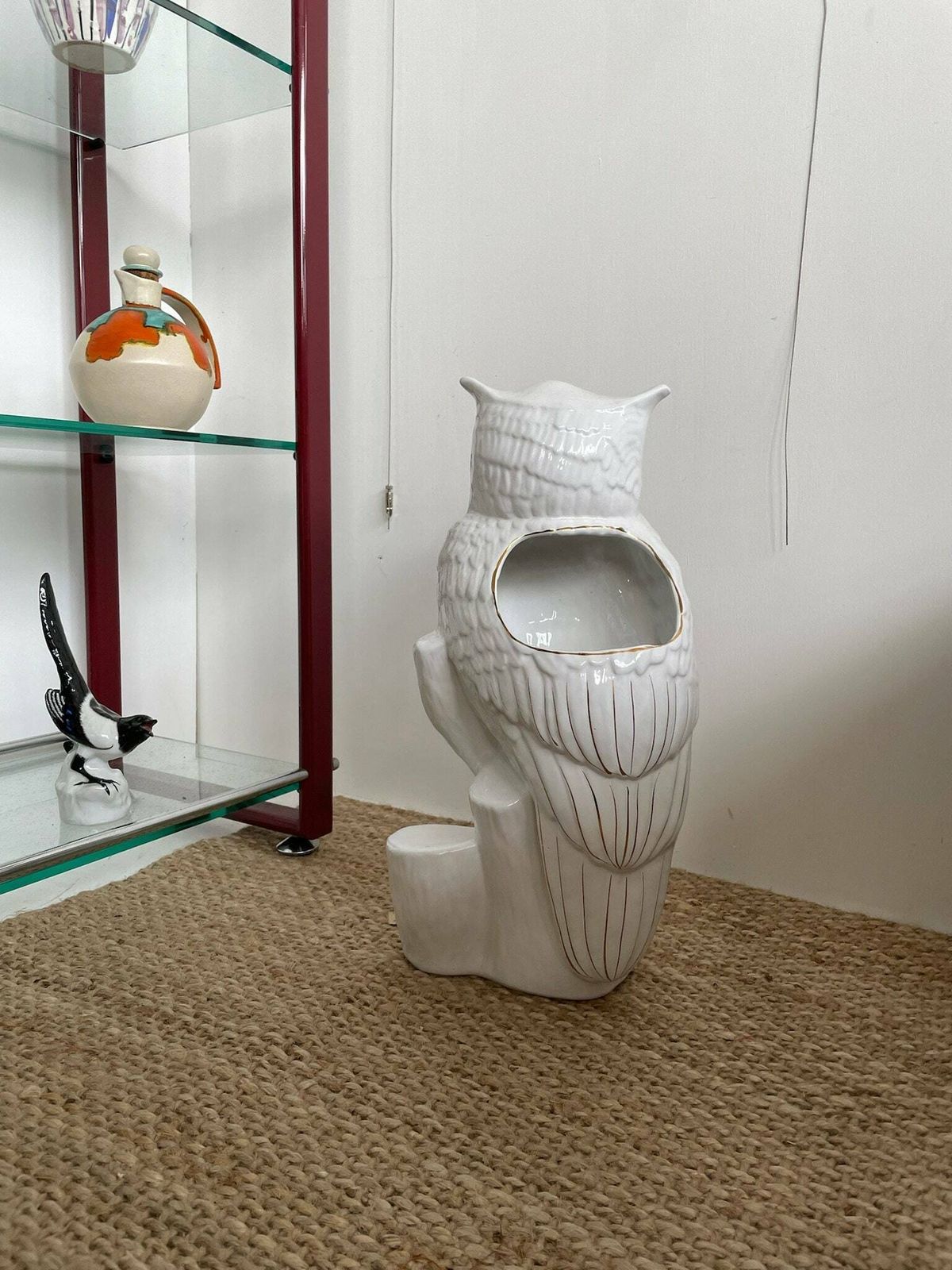 Kitsch Large Ceramic Owl Umbrella Stand   White With Gold Accents, Hollywood Regency Style photo Home Decor