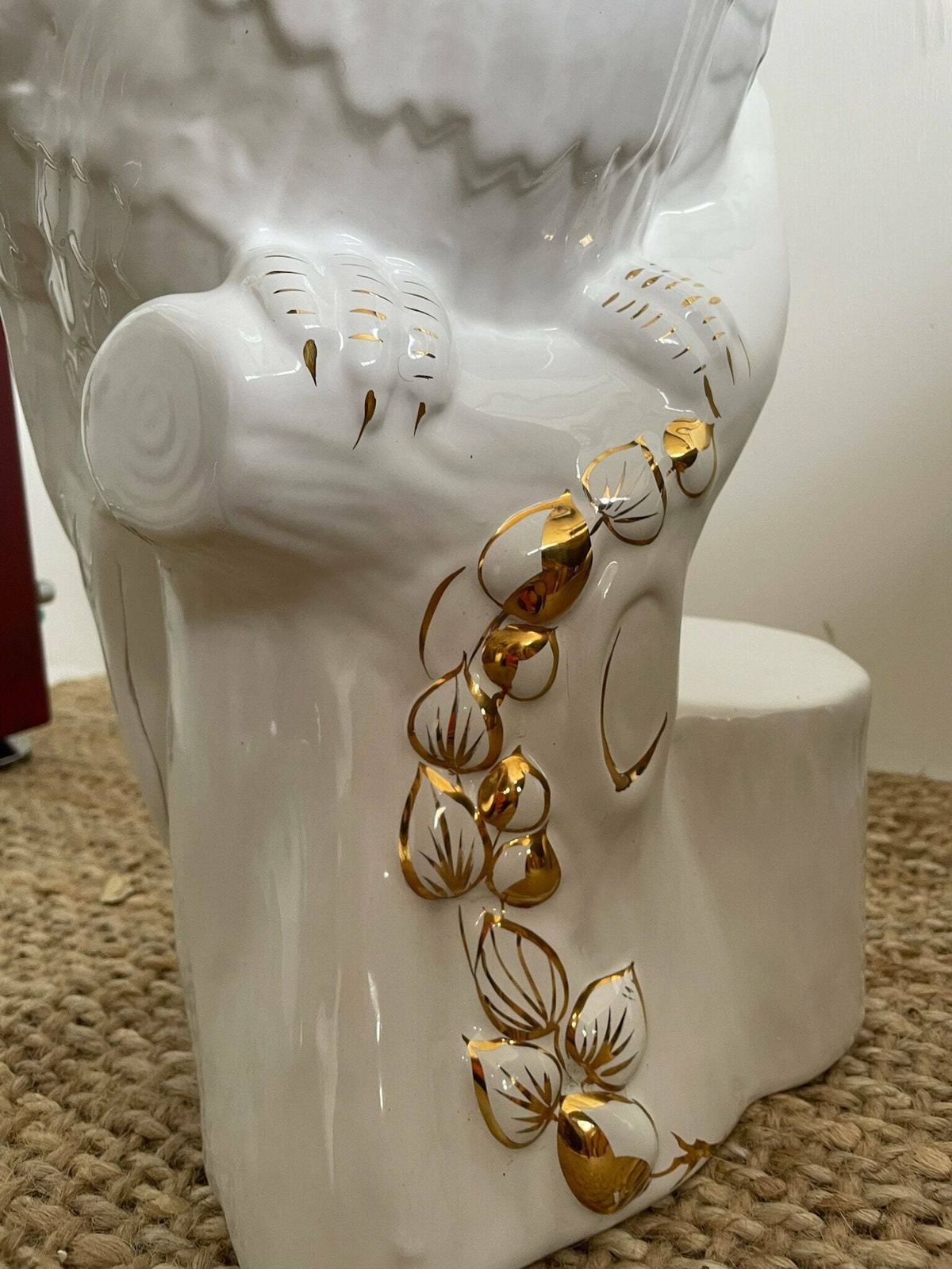 Kitsch Large Ceramic Owl Umbrella Stand   White With Gold Accents, Hollywood Regency Style photo vinterior