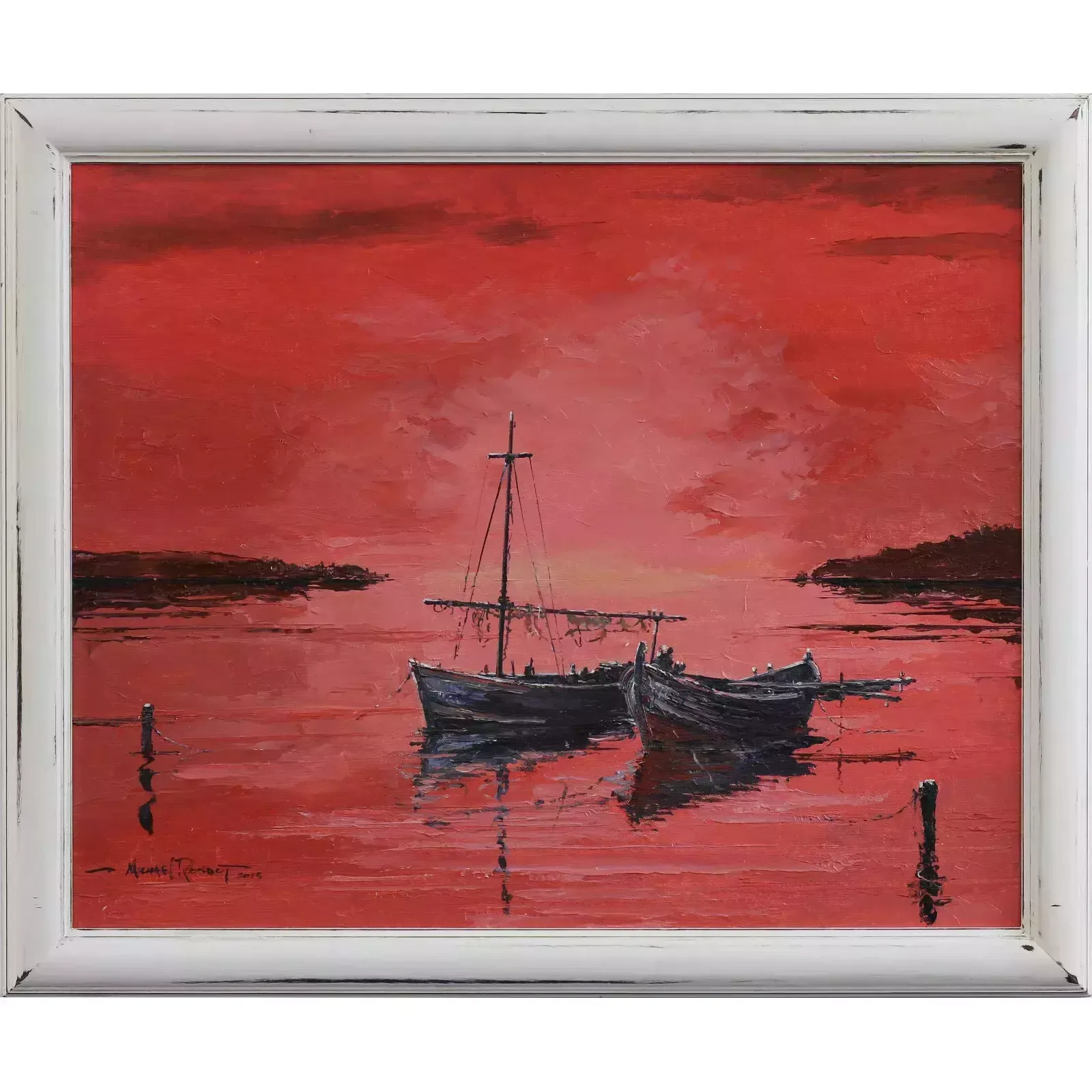 Original Oil Painting By Michael Rondot. Titled "Red Sunset Boats"