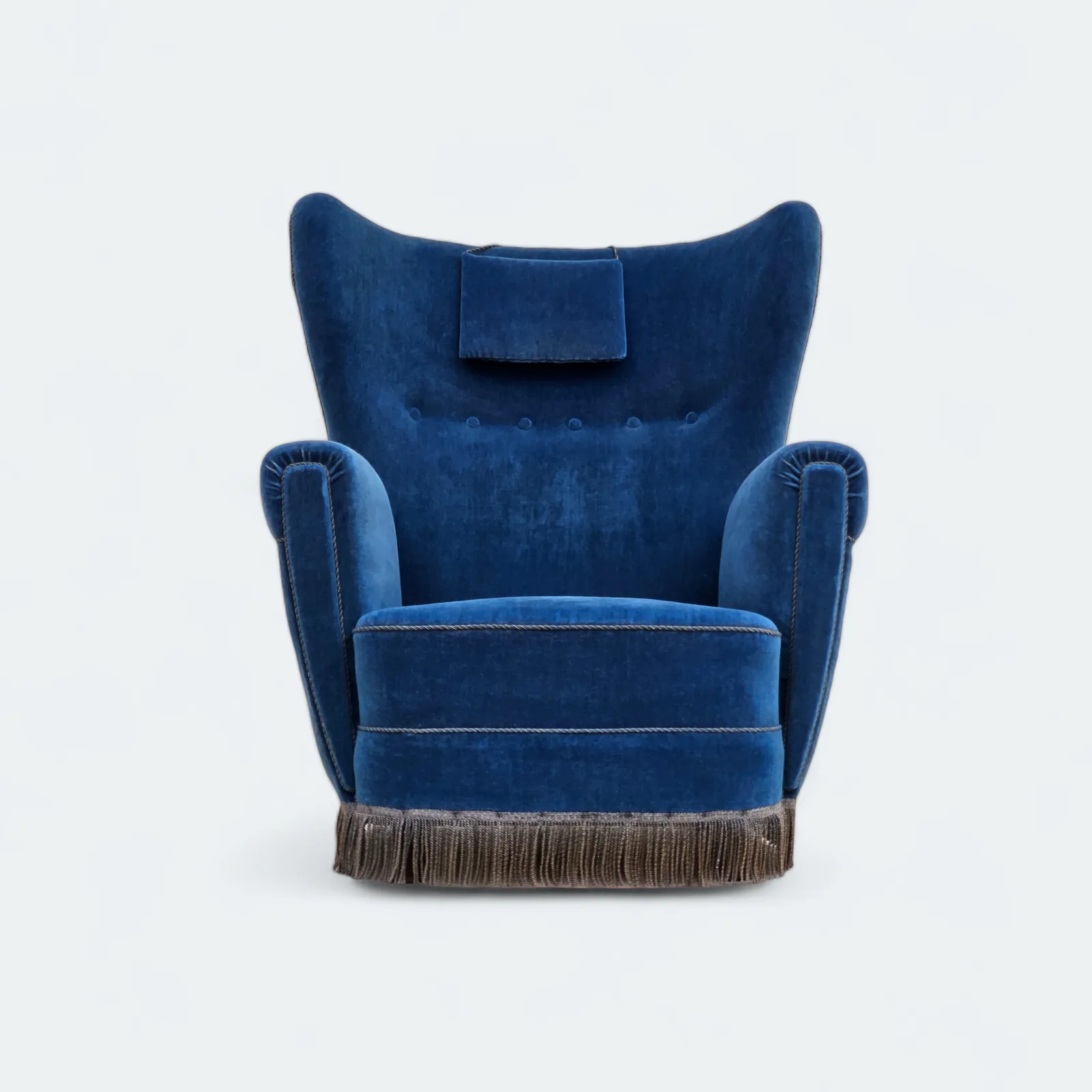 Jaren 1960, Deense Fauteuil Met Hoge Rugleuning, Blauwe Meubelvelours.