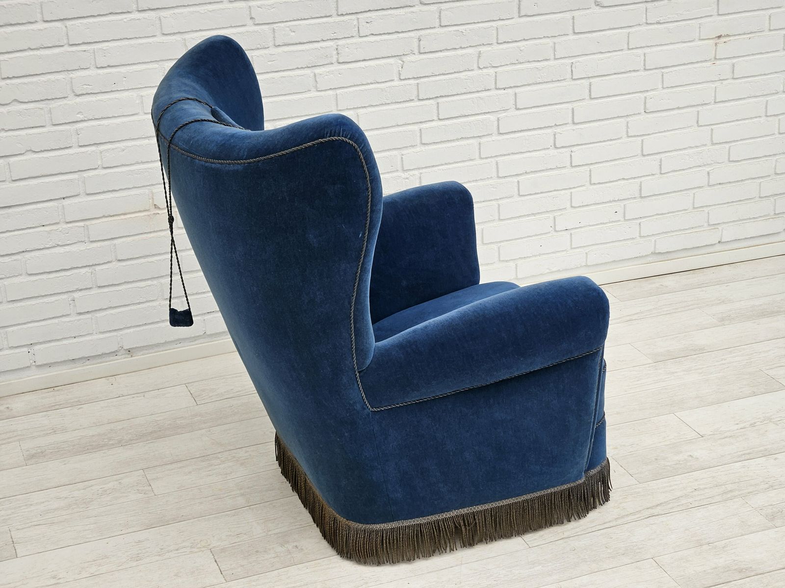 photo furniture 1960s, Danish Highback Relax Armchair, Original Condition, Blue Furniture Velour.