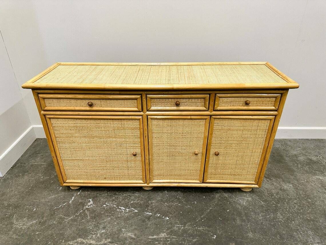 Naturel Vintage Bamboe En Rotan Dressoir Italië Jaren 1970