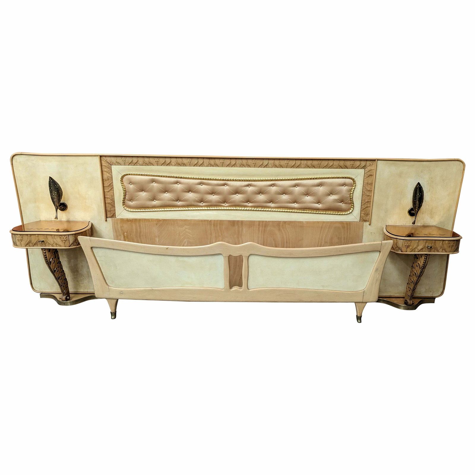 Italian Midcentury Bed With Night Stands In Parchment By Pierluigi Colli, 1950s