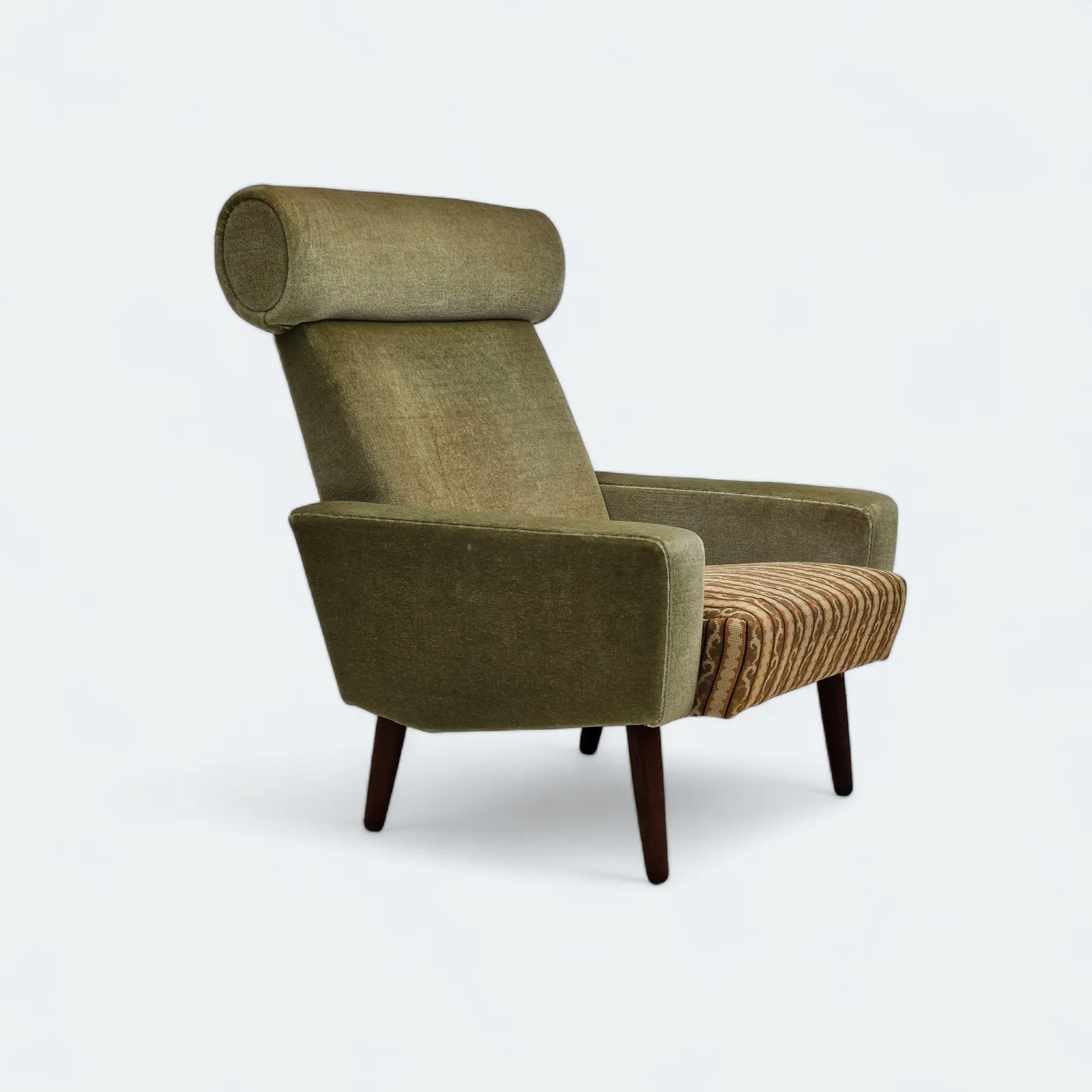 Jaren 1970, Deense Fauteuil, Staat Zoals Gevonden, Meubelvelours, Geweven Wollen Stof, Teakhout.