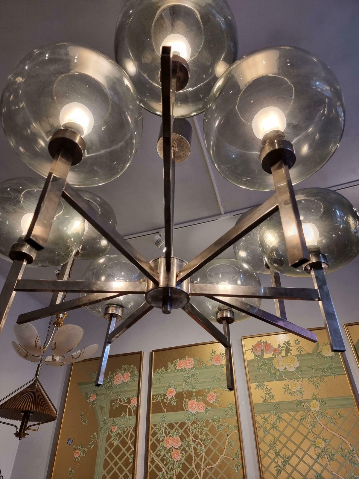 photo for sale Holger Johansson, Chandelier, Scandinavian Modern / Midcentury, Chrome & Glass