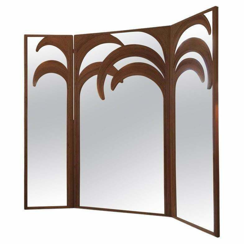 Signed Vivai Del Sud Bamboo Palm Trees Mirrored Screen, Italy, 1970s