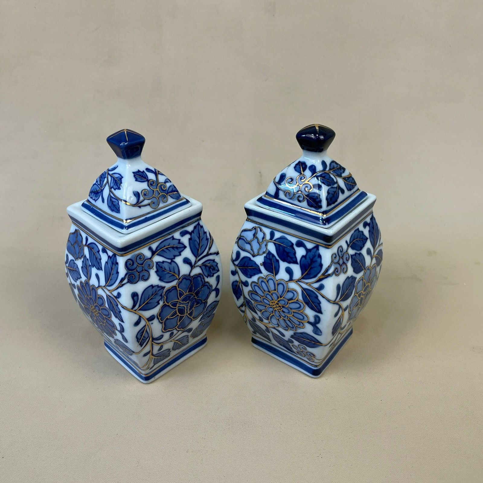 Pair Of 2 Oriental Chinese Vase Decorative Ceramic Pot Antique Asian Hand Painted Blue White Prunus Pattern Floral Lidded Lid Decorative