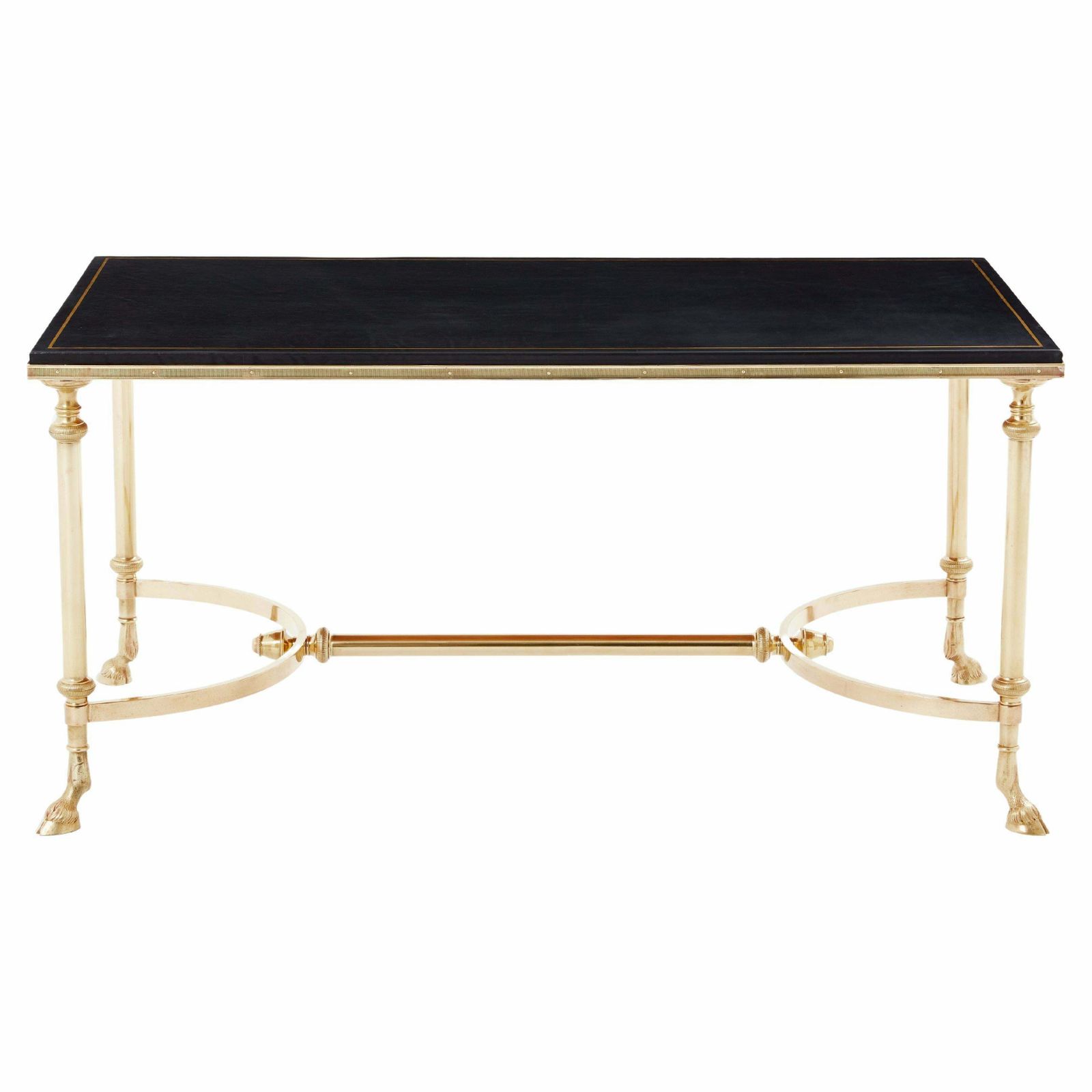 Table basse Maison Charles en laiton massif et cuir noir, années 1970