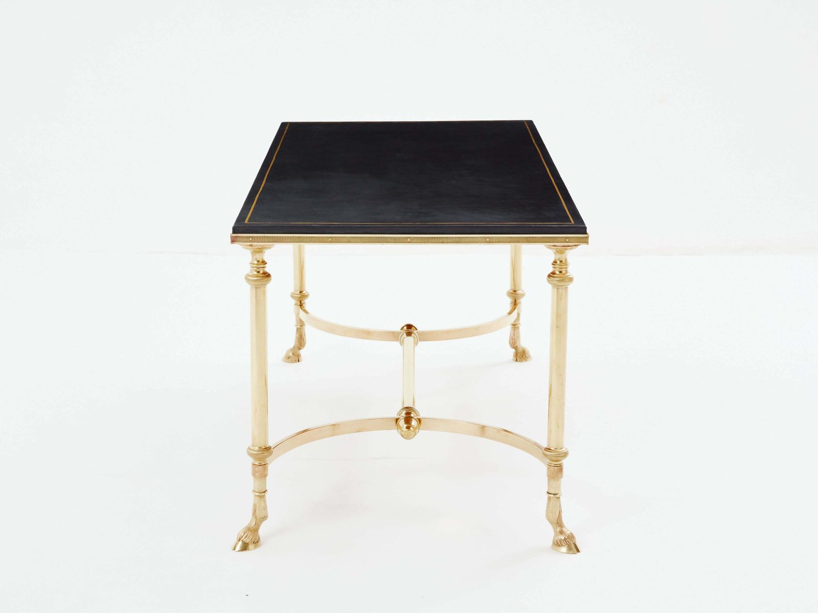 Maison Charles Neoclassical Coffee Table Brass Black Leather 1970s photo buy