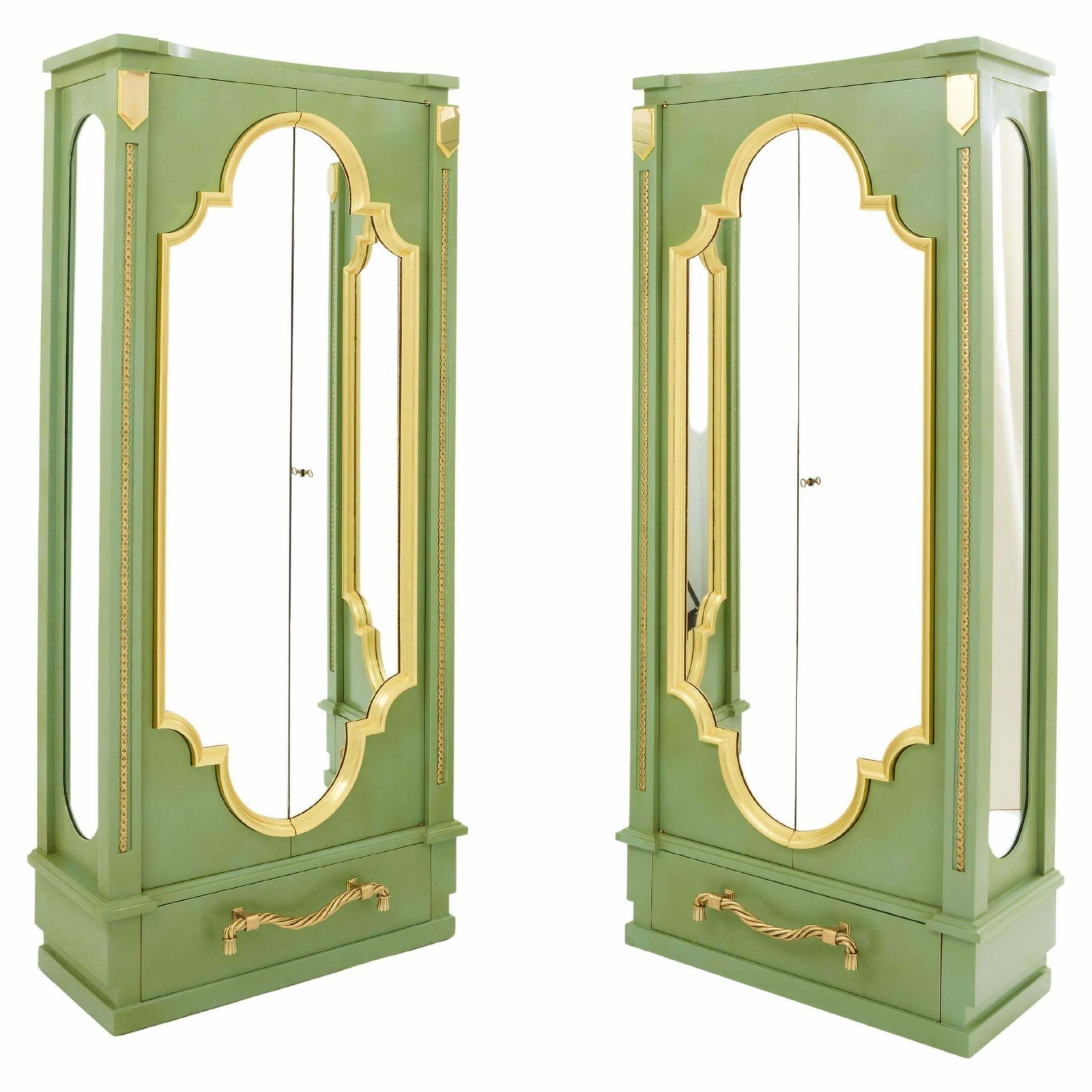 André Arbus Pair Of Celadon Green Lacquered Wardrobes Gilt Brass 1930 photo vinterior