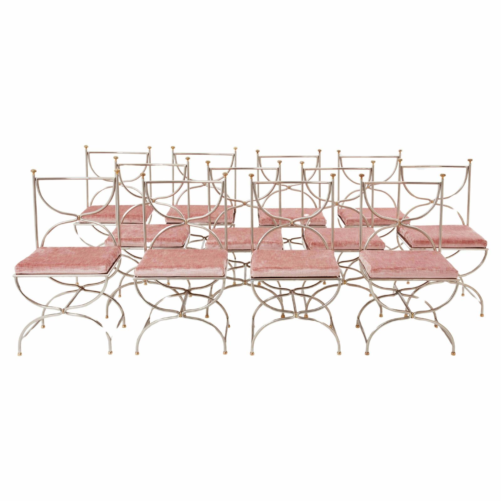 Maison Jansen 12 Curule Chairs Steel Brass Pink Velvet 1960s