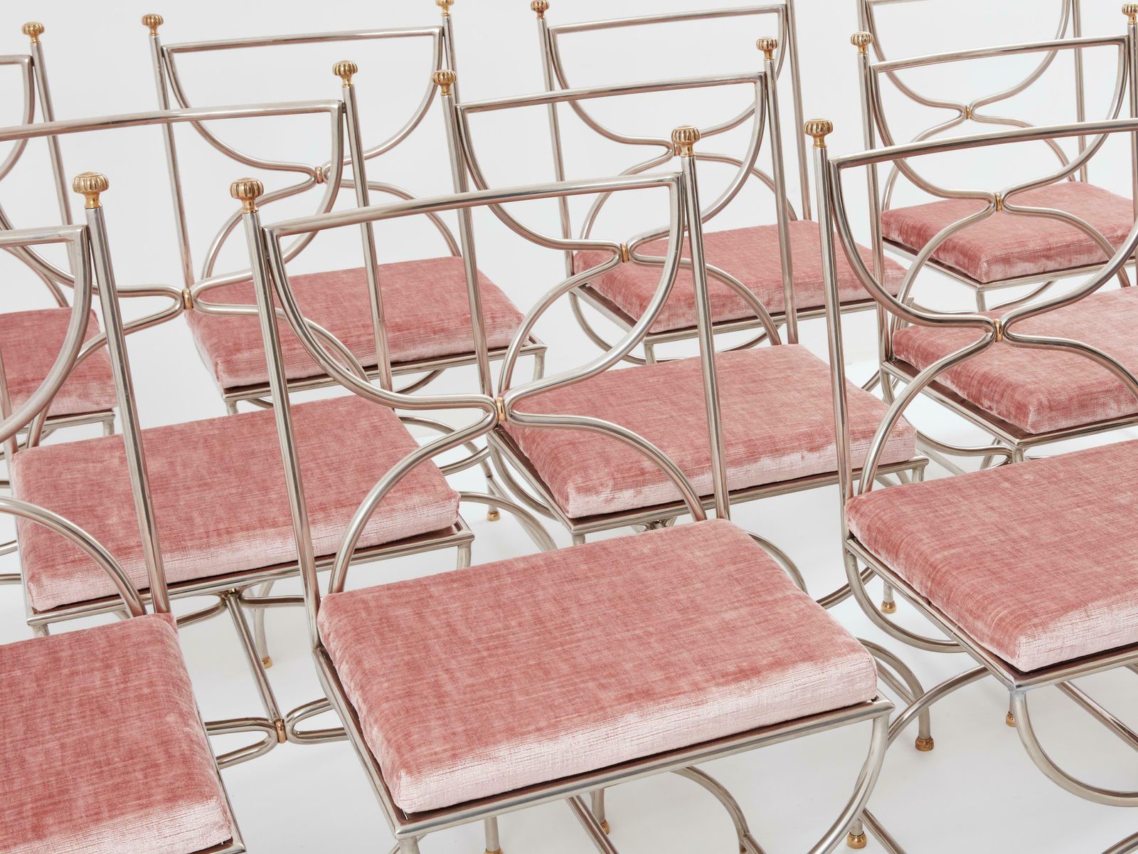 Maison Jansen 12 Curule Chairs Steel Brass Pink Velvet 1960s photo furniture